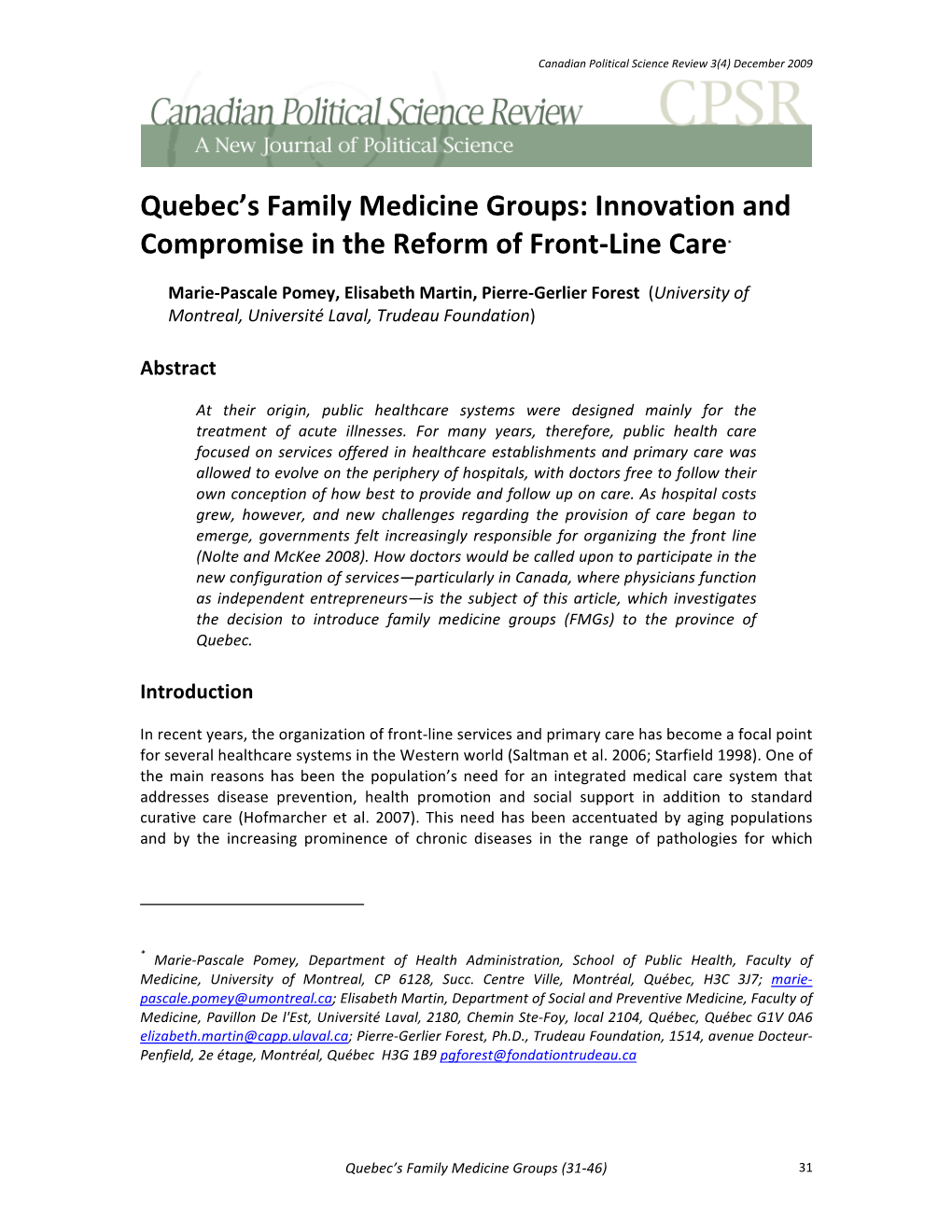 Quebec's Family Medicine Groups: Innovation and Compromise in The