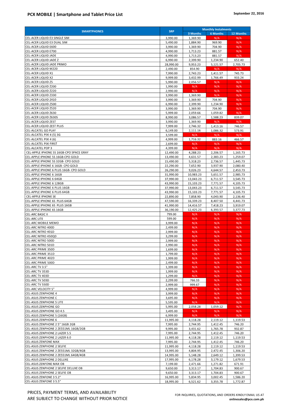 PCX MOBILE | Smartphone and Tablet Price List September 22, 2016