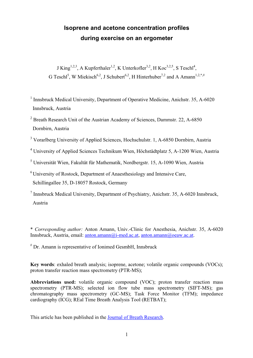 Isoprene and Acetone Concentration Profiles During Exercise on an Ergometer