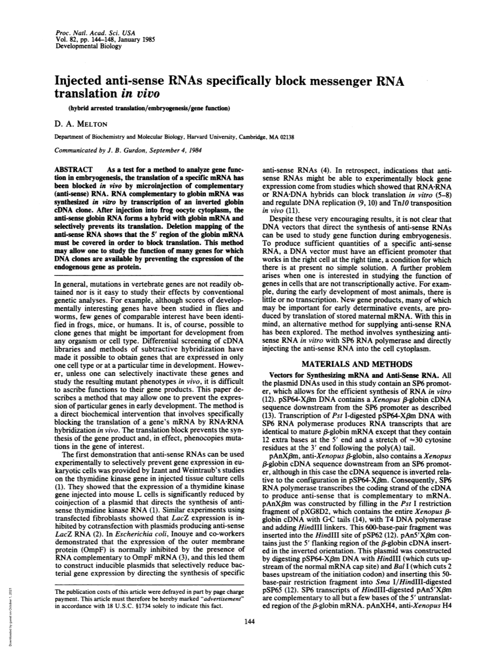 Injected Anti-Sense Rnas Specifically Block Messenger RNA Translation in Vivo (Hybrid Arrested Translation/Embryogenesis/Gene Function) D