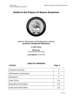 Guide to the Papers of Wayne Greenhaw Archives & Special Collections