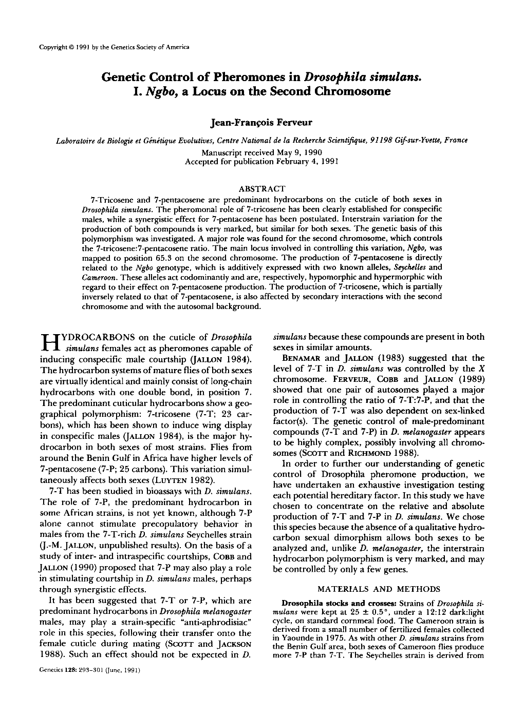 Genetic Control of Pheromones in Drosophila Simulans. I. Ngbo, a Locus on the Second Chromosome