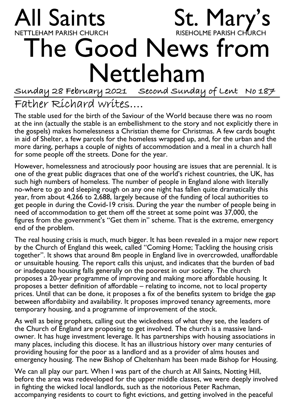 The Good News from Nettleham Sunday 28 February 2021 Second Sunday of Lent No 187 Father Richard Writes…