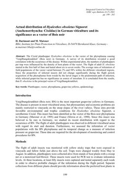 Actual Distribution of Hyalesthes Obsoletus Signoret (Auchenorrhyncha: Cixiidae) in German Viticulture and Its Significance As a Vector of Bois Noir