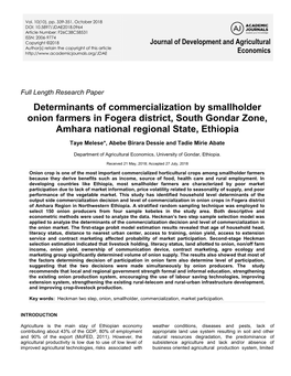 Determinants of Commercialization by Smallholder Onion Farmers in Fogera District, South Gondar Zone, Amhara National Regional State, Ethiopia