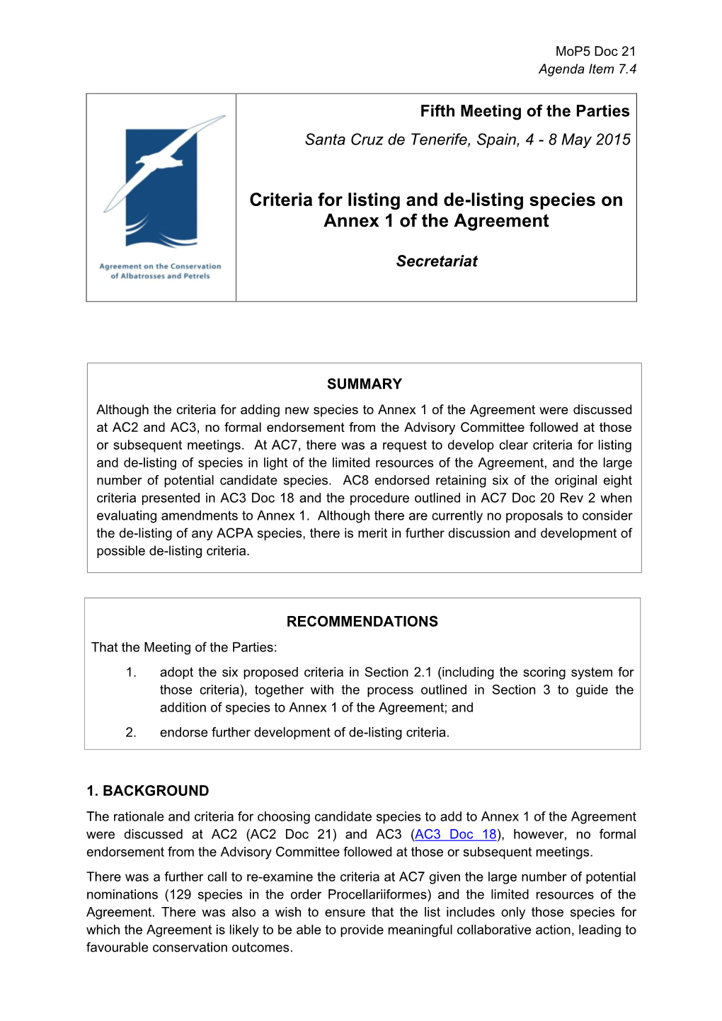 Criteria for Listing and De-Listing Species on Annex 1 of the Agreement