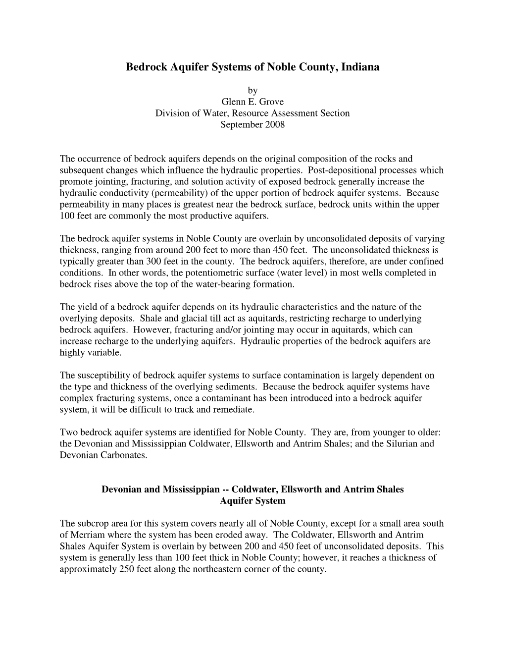 Bedrock Aquifer Systems of Noble County, Indiana