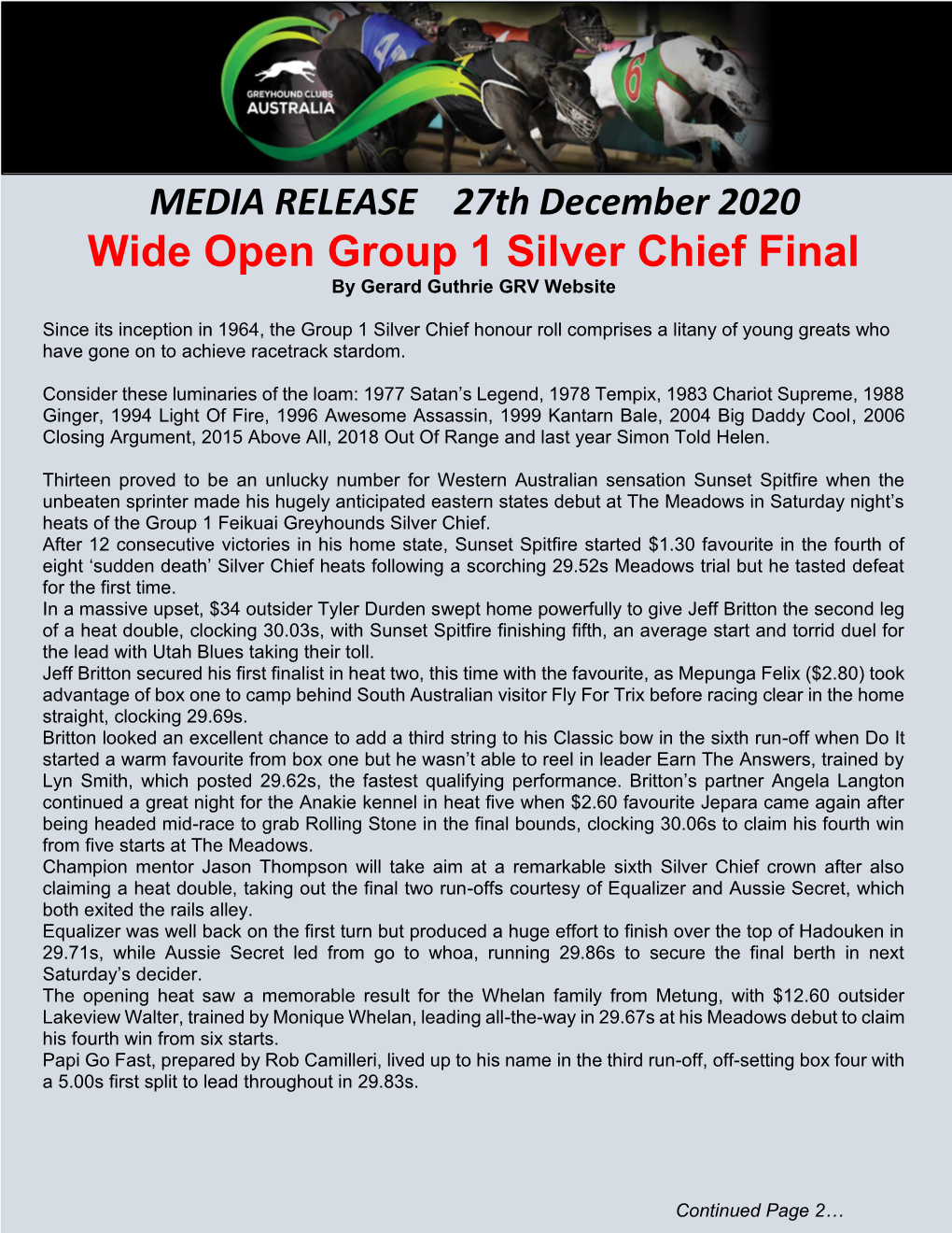 MEDIA RELEASE 27Th December 2020 Wide Open Group 1 Silver Chief Final by Gerard Guthrie GRV Website