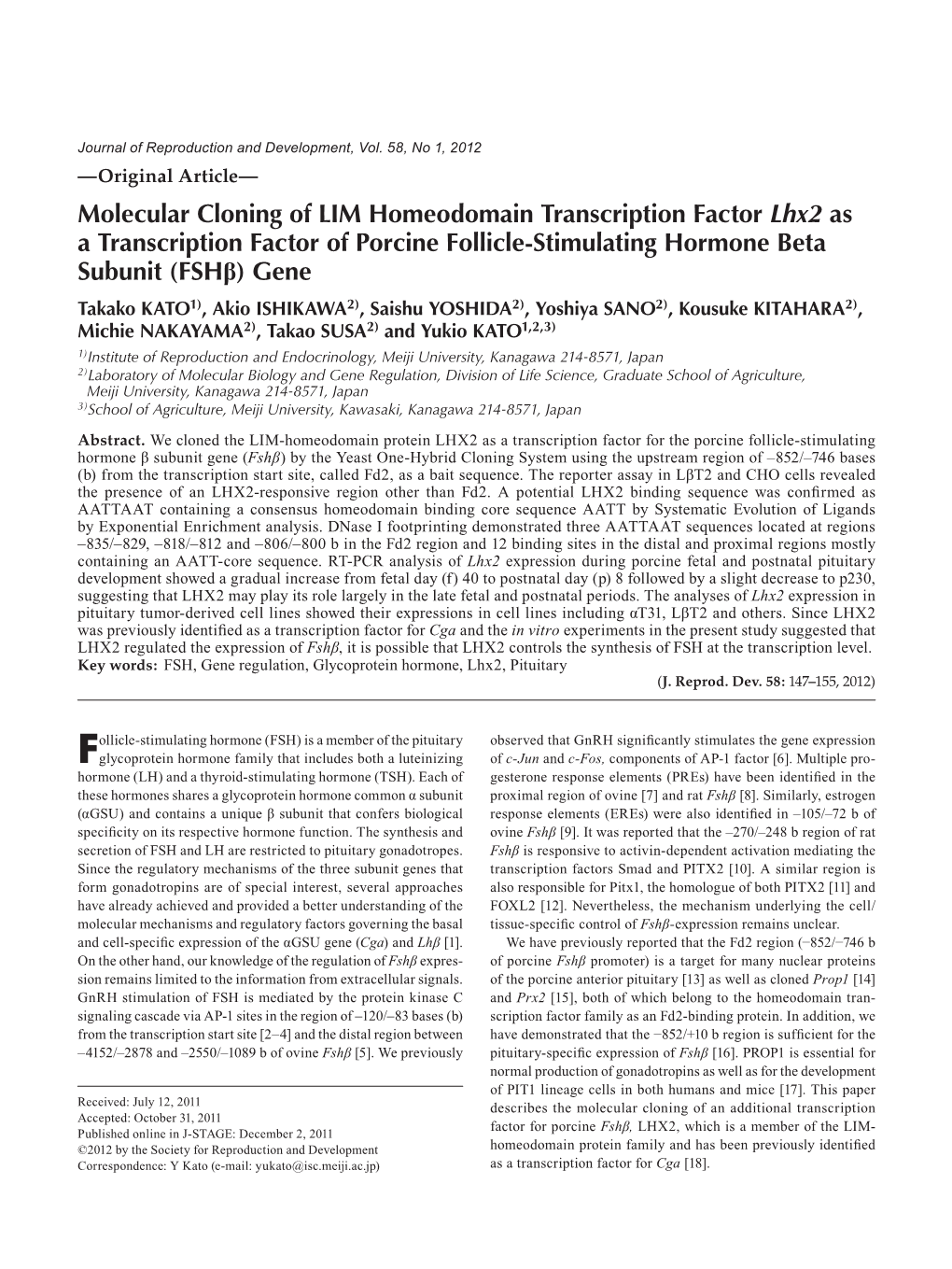 Molecular Cloning of LIM Homeodomain Transcription Factor