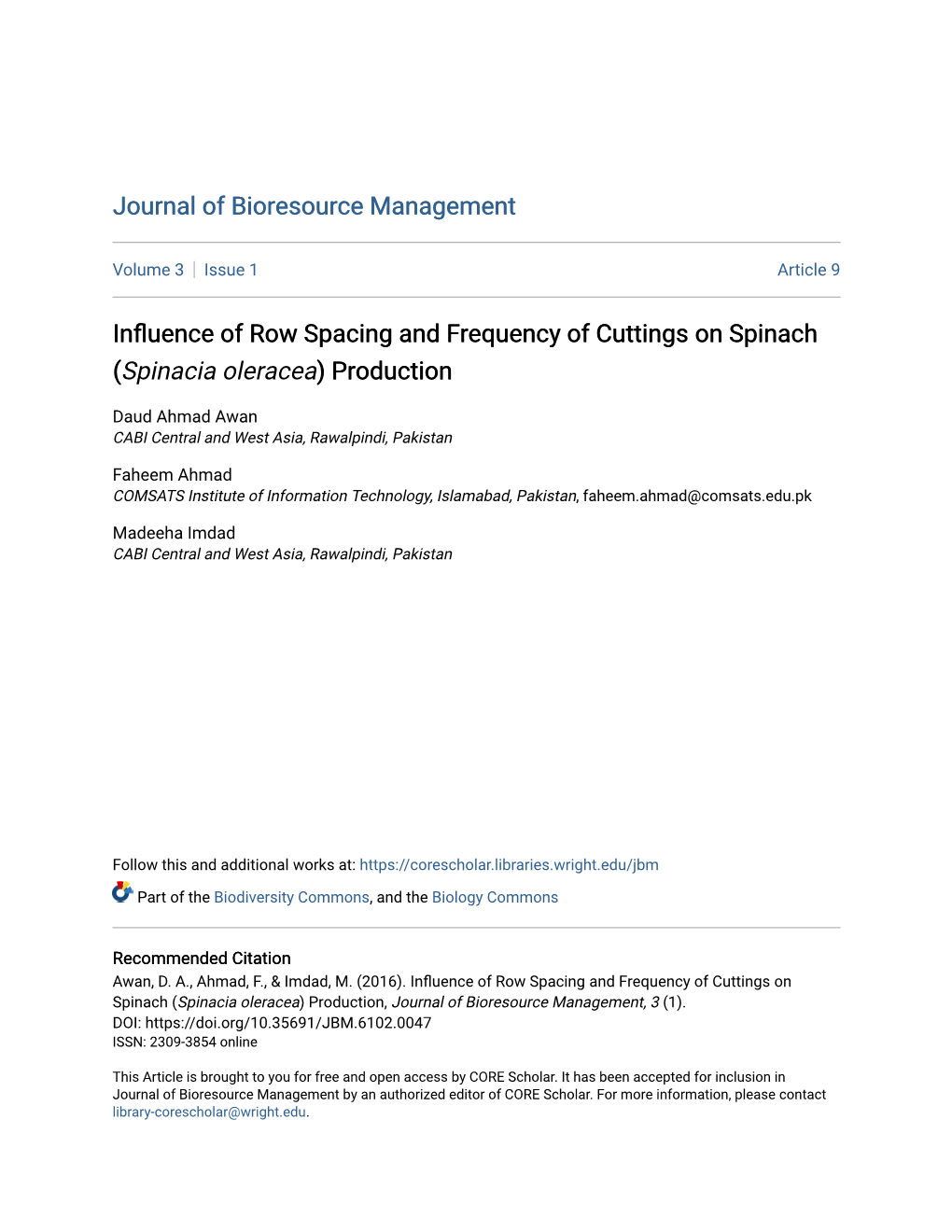 Influence of Row Spacing and Frequency of Cuttings on Spinach (<Em>Spinacia Oleracea</Em>) Production