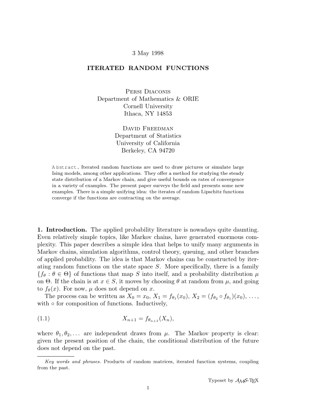 3 May 1998 ITERATED RANDOM FUNCTIONS Persi Diaconis