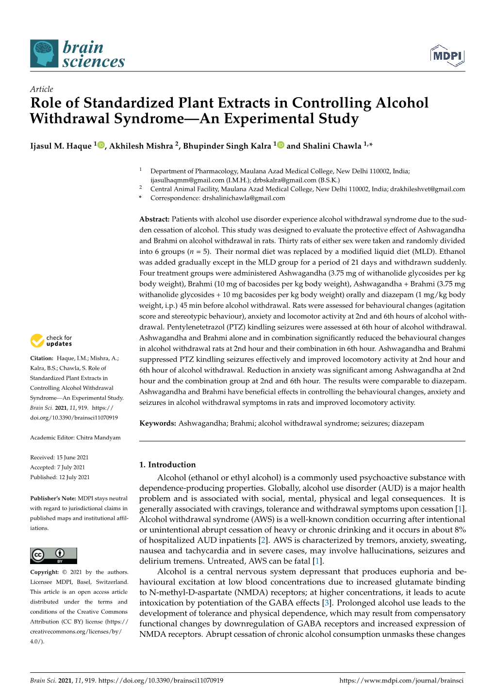 Role of Standardized Plant Extracts in Controlling Alcohol Withdrawal Syndrome—An Experimental Study