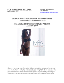 Press Release Global Icon Mya Returns with Brand New Single Celebrating 20Th Year Anniversary