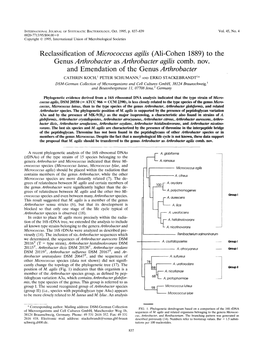 Reclassification of Micrococcus Agilis (Mi-Cohen 1889) to the Genus Arthrobacter As Arthrobacter Agilis Comb. Nov. and Emendation of the Genus Arthrobacter