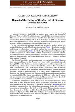 Report of the Editor of the Journal of Finance for the Year 2011