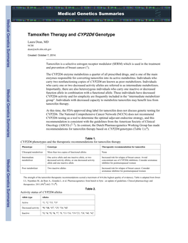 Tamoxifen Therapy and CYP2D6 Genotype