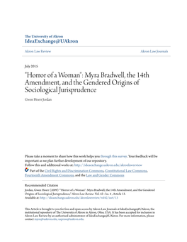 Myra Bradwell, the 14Th Amendment, and the Gendered Origins of Sociological Jurisprudence Gwen Hoerr Jordan