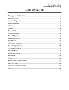 2020-21 Undergraduate Catalog Table of Contents