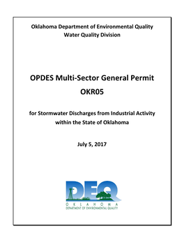 OPDES Multi-Sector General Permit OKR05 for Stormwater Discharges from Industrial Activity Within the State of Oklahoma