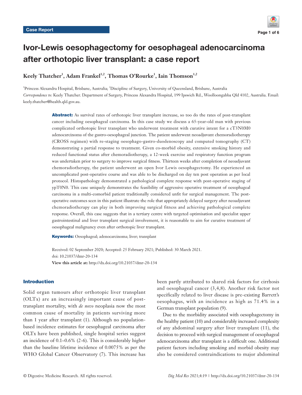Ivor-Lewis Oesophagectomy for Oesophageal Adenocarcinoma After Orthotopic Liver Transplant: a Case Report