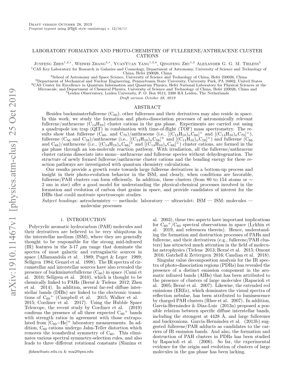 Arxiv:1910.11467V1 [Physics.Atm-Clus] 25 Oct 2019 + Reﬂection Nebulae, Has Been Attributed to Luminescence Tions of C60 (Campbell Et Al