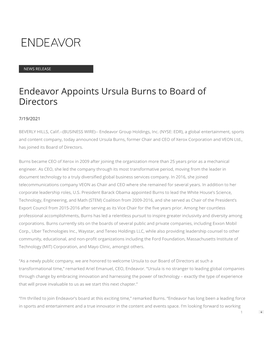 Endeavor Appoints Ursula Burns to Board of Directors