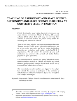 Astronomy and Space Science Curricula at University Level in Pakistan