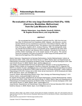 Re-Evaluation of the Very Large Eomellivora Fricki (Pia, 1939) (Carnivora, Mustelidae, Mellivorinae) from the Late Miocene of Austria