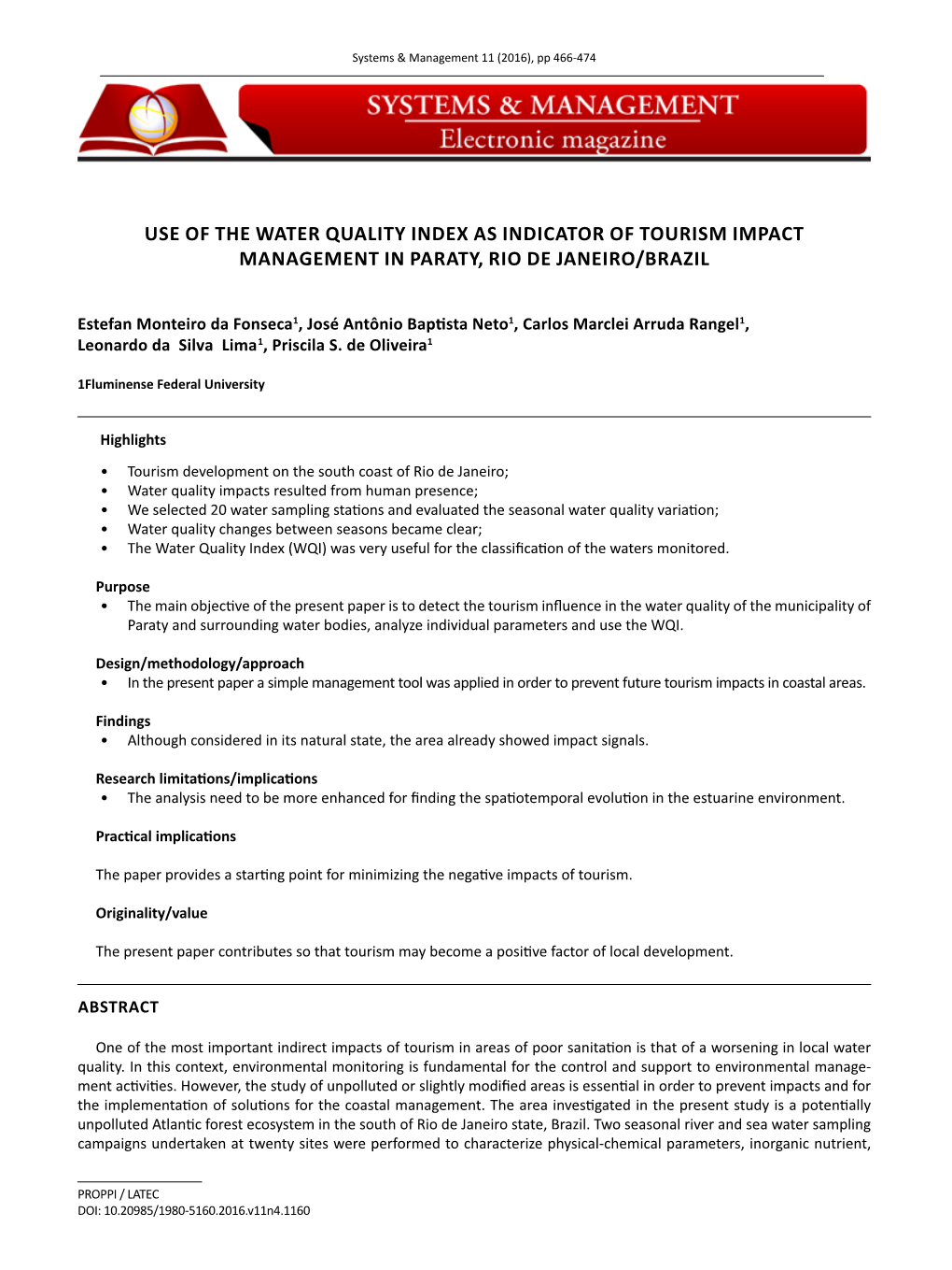 Use of the Water Quality Index As Indicator of Tourism Impact Management in Paraty, Rio De Janeiro/Brazil