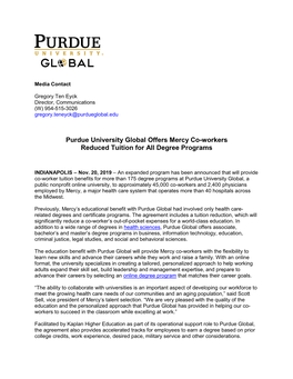 Purdue University Global Offers Mercy Co-Workers Reduced Tuition for All Degree Programs