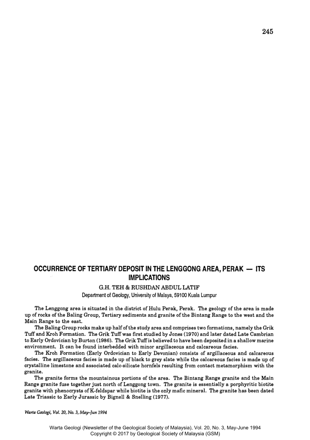 Occurrence of Tertiary Deposit in the Lenggong Area, Perak - Its Implications G.H
