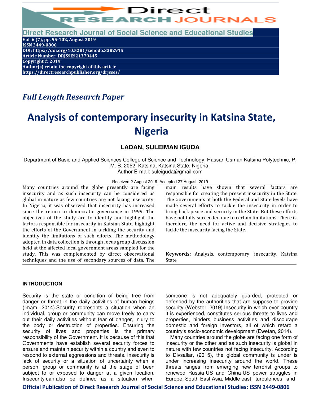 Analysis of Contemporary Insecurity in Katsina State, Nigeria