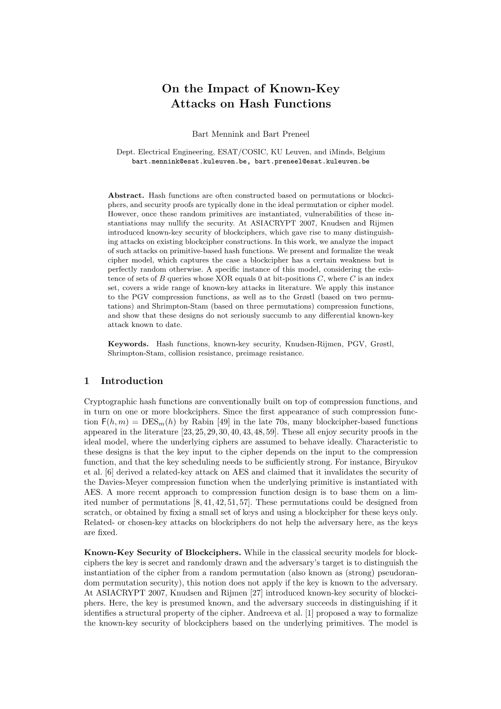 On the Impact of Known-Key Attacks on Hash Functions