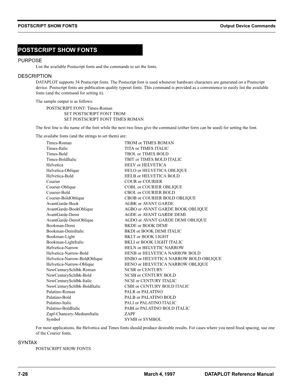 POSTSCRIPT SHOW FONTS Output Device Commands