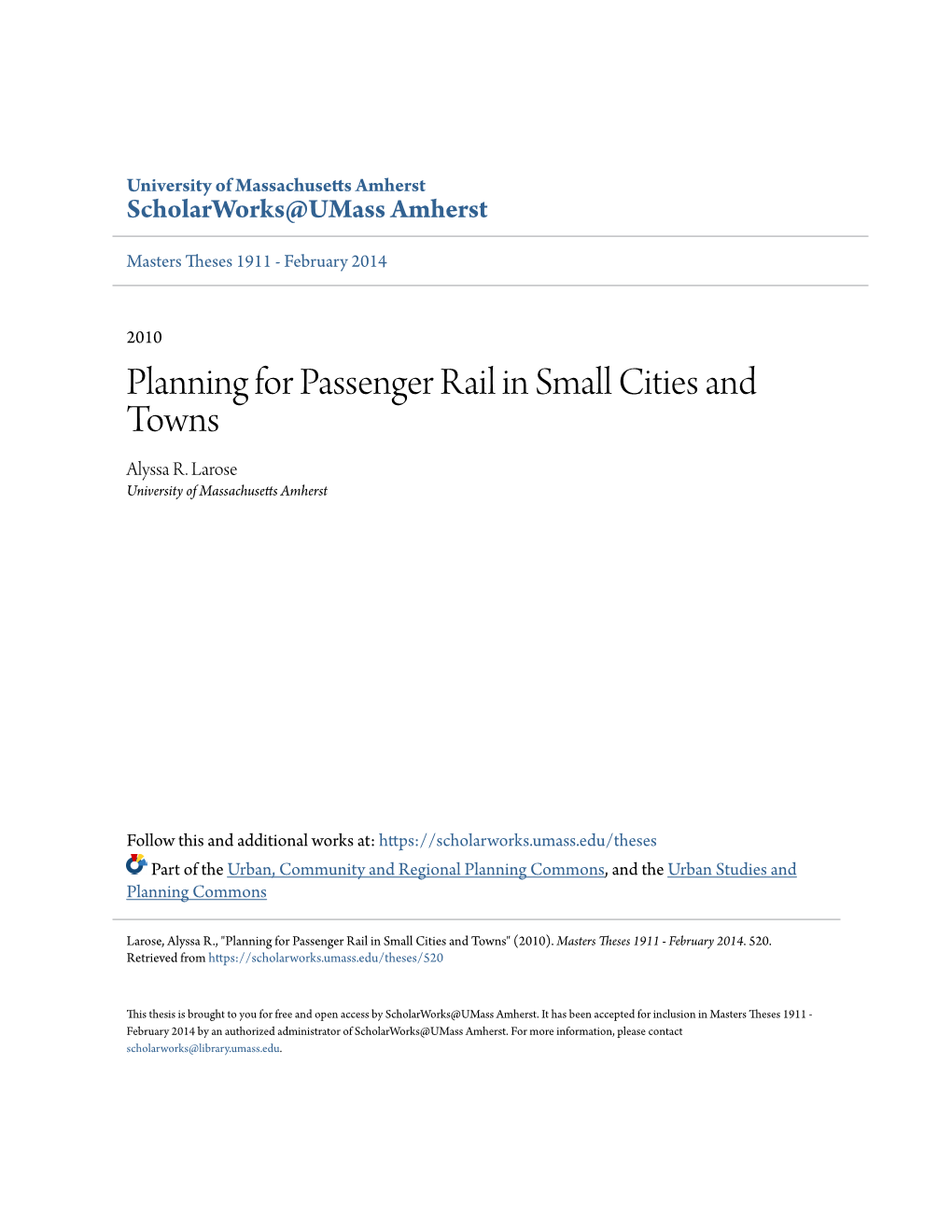 Planning for Passenger Rail in Small Cities and Towns Alyssa R