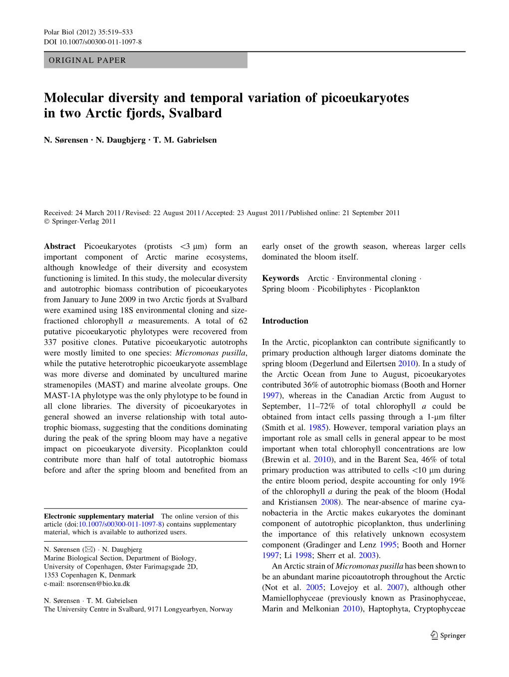 Molecular Diversity and Temporal Variation of Picoeukaryotes in Two Arctic Fjords, Svalbard