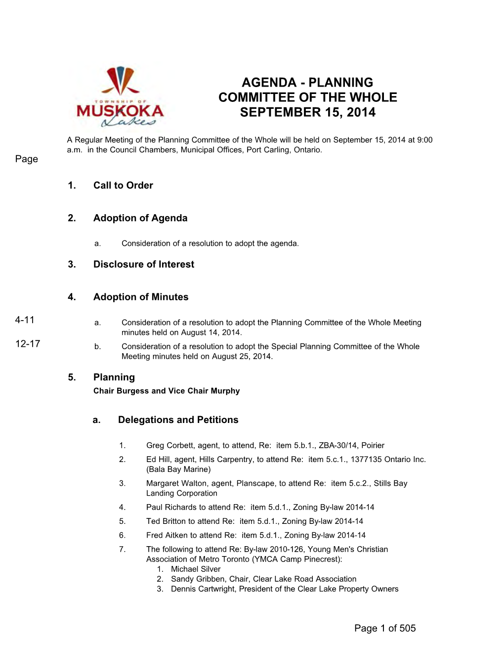 Agenda - Planning Committee of the Whole September 15, 2014