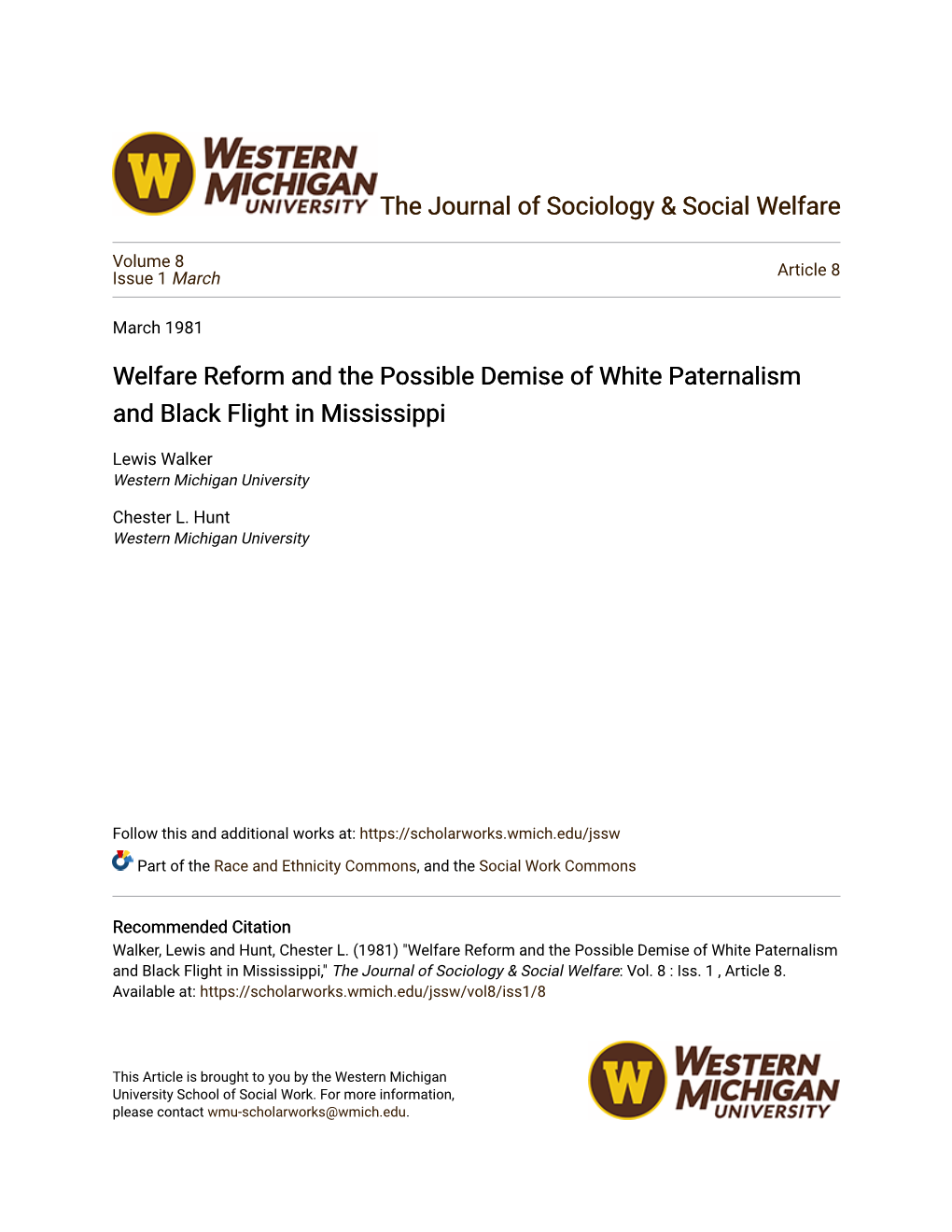 Welfare Reform and the Possible Demise of White Paternalism and Black Flight in Mississippi
