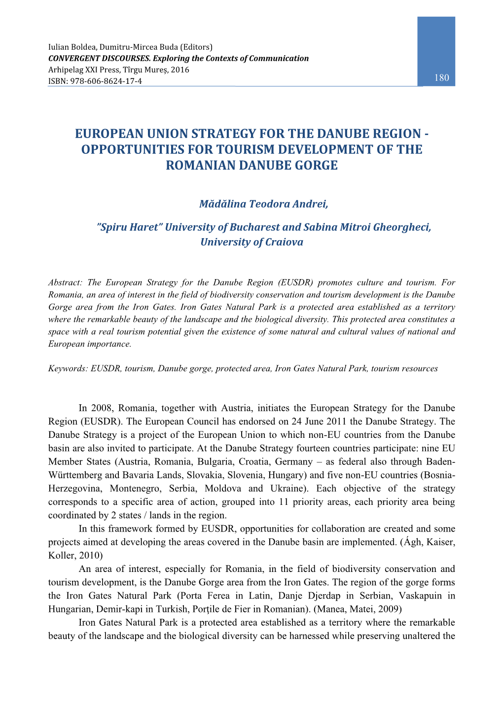 European Union Strategy for the Danube Region - Opportunities for Tourism Development of the Romanian Danube Gorge