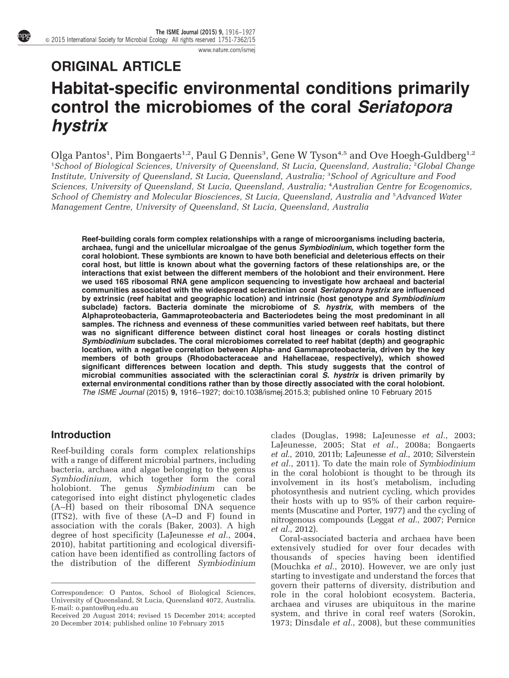 Habitat-Specific Environmental Conditions Primarily Control the Microbiomes of the Coral Seriatopora Hystrix