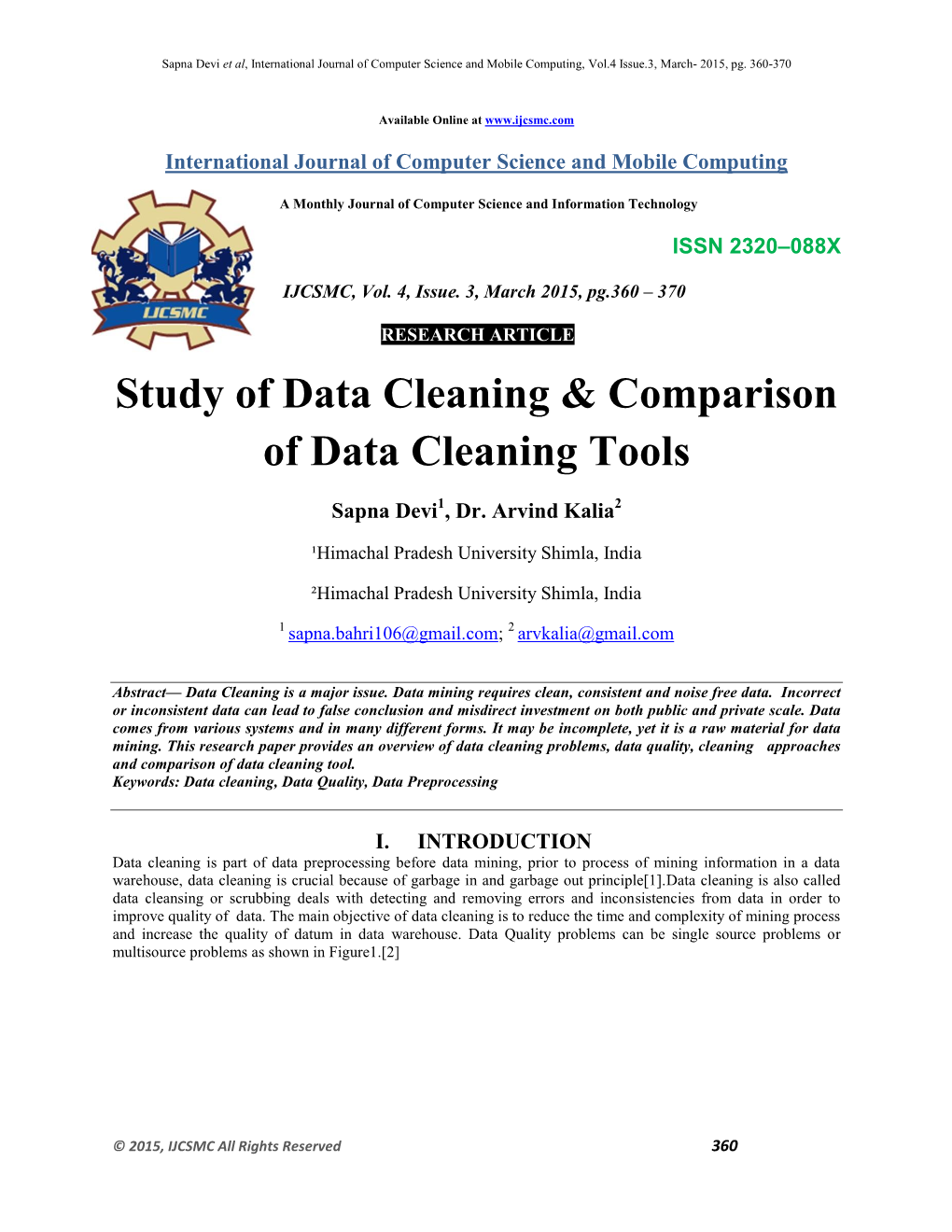 Study of Data Cleaning & Comparison of Data Cleaning Tools