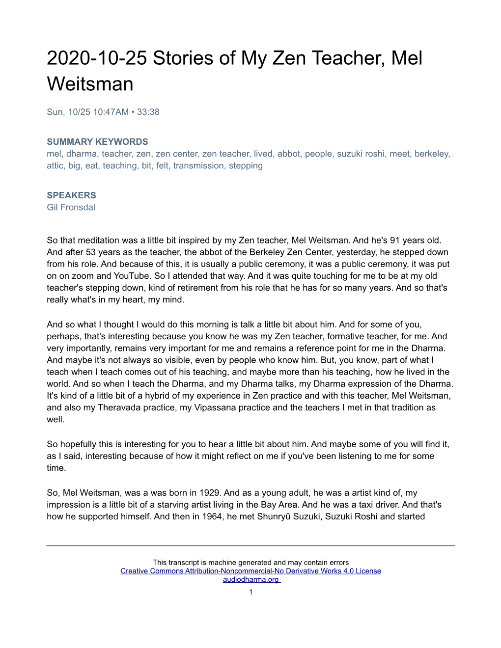 2020-10-25 Stories of My Zen Teacher, Mel Weitsman