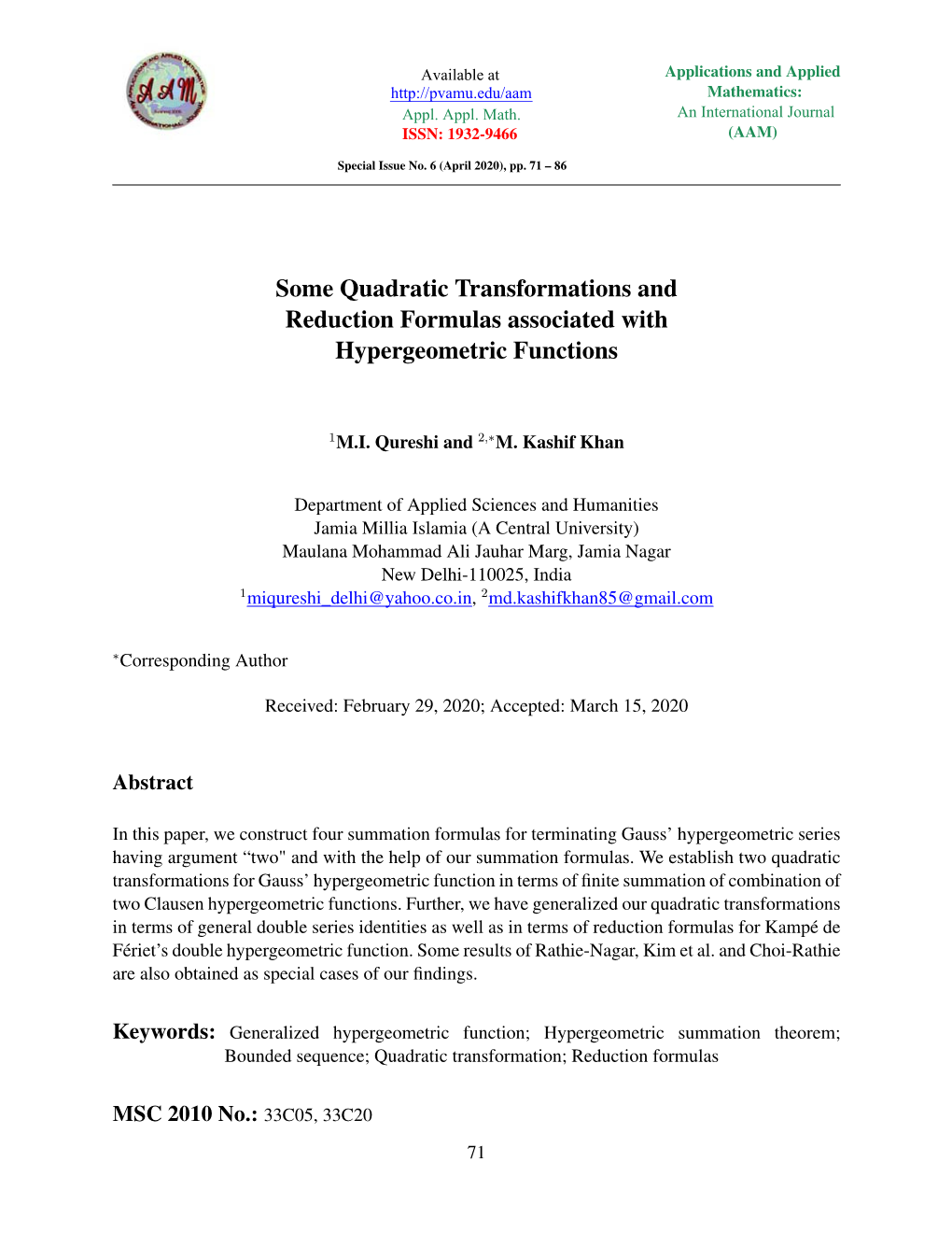 Some Quadratic Transformations and Reduction Formulas Associated with Hypergeometric Functions