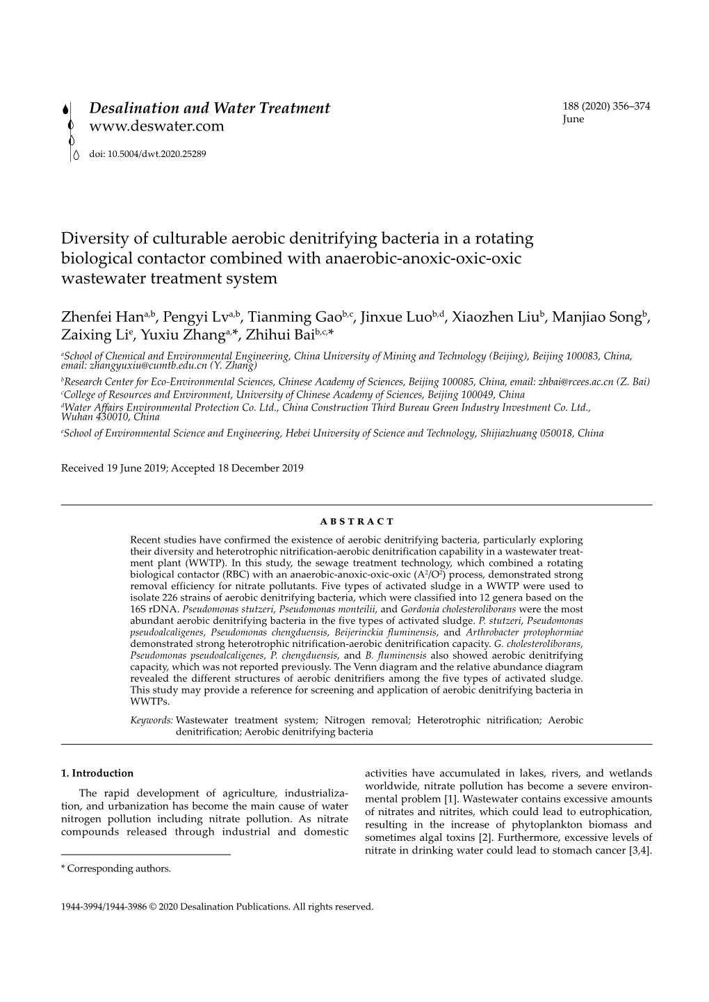 Diversity of Culturable Aerobic Denitrifying Bacteria in a Rotating Biological Contactor Combined with Anaerobic-Anoxic-Oxic-Oxic Wastewater Treatment System