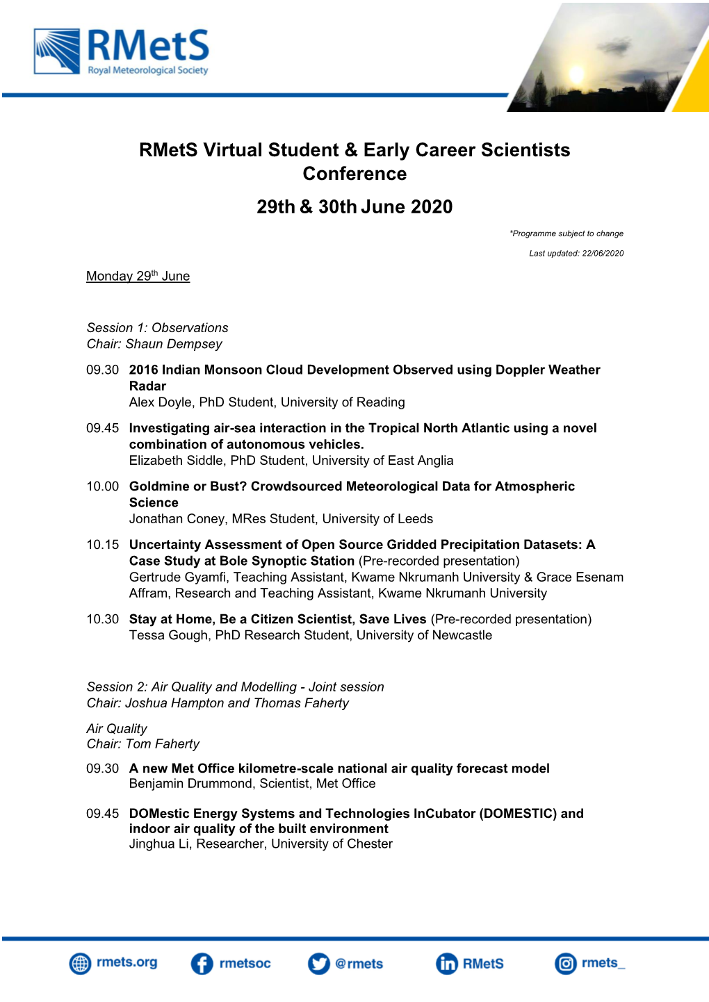 Rmets Virtual Student & Early Career Scientists Conference 29Th & 30Th