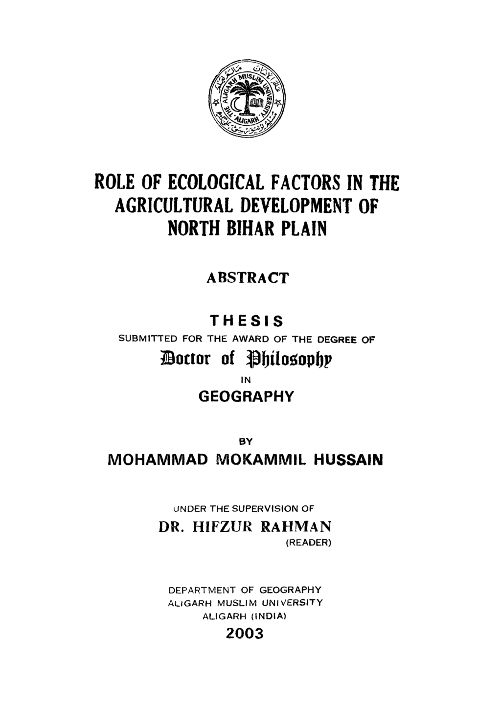 Role of Ecological Factors in the Agricultural Development of North Bihar Plain