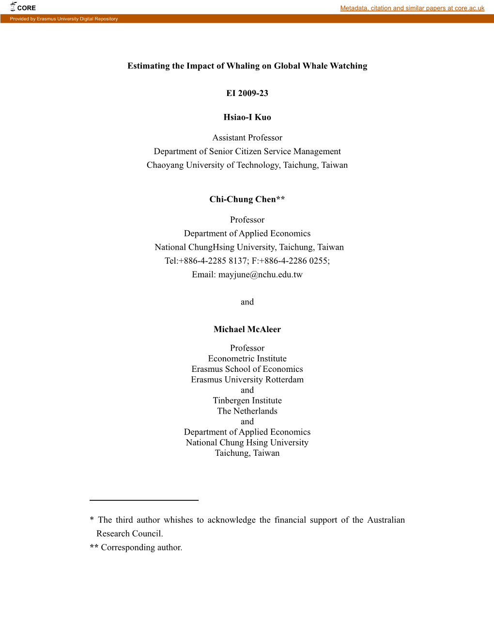 Estimating the Impact of Whaling on Global Whale Watching EI 2009-23