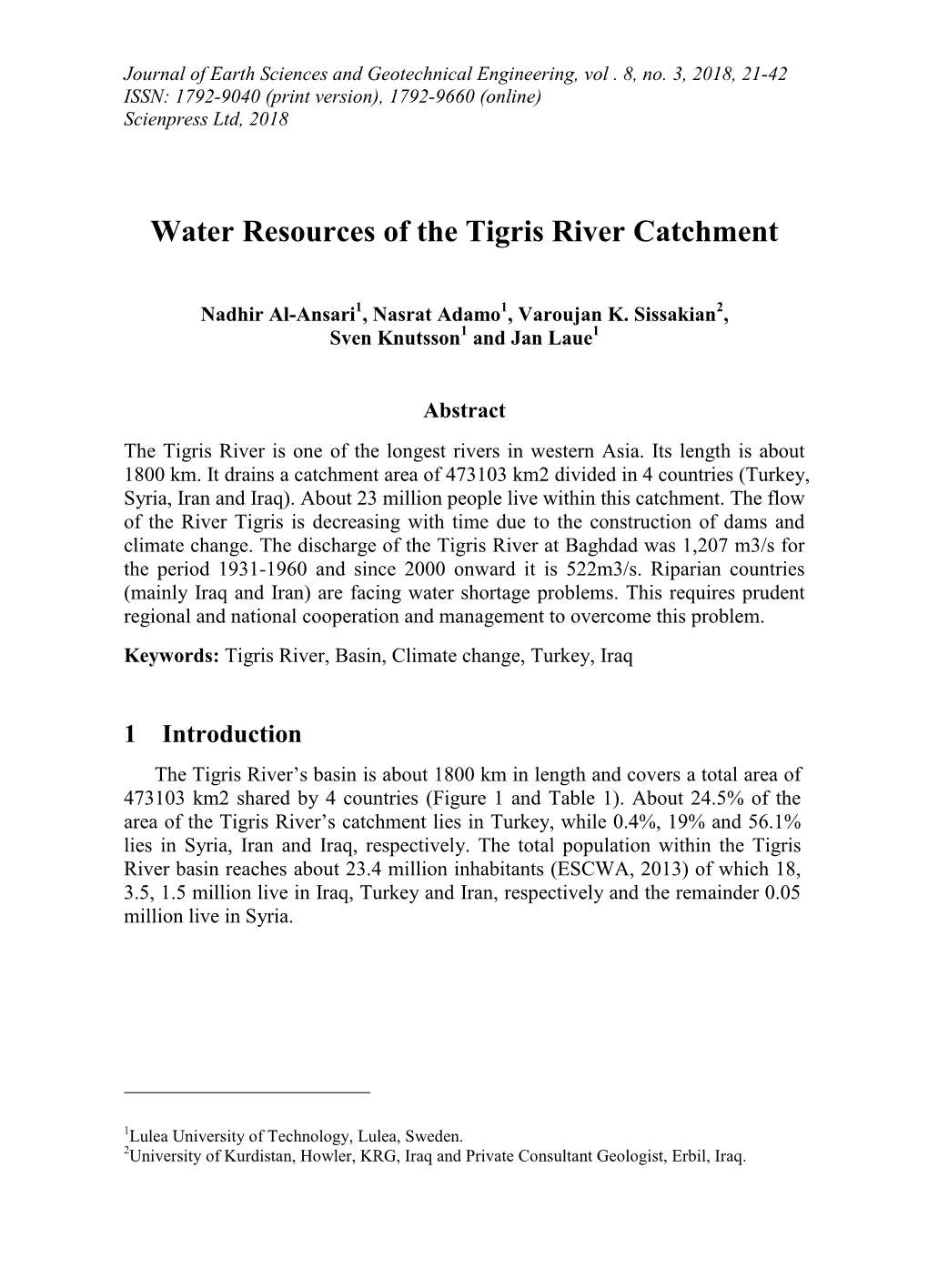 Water Resources of the Tigris River Catchment