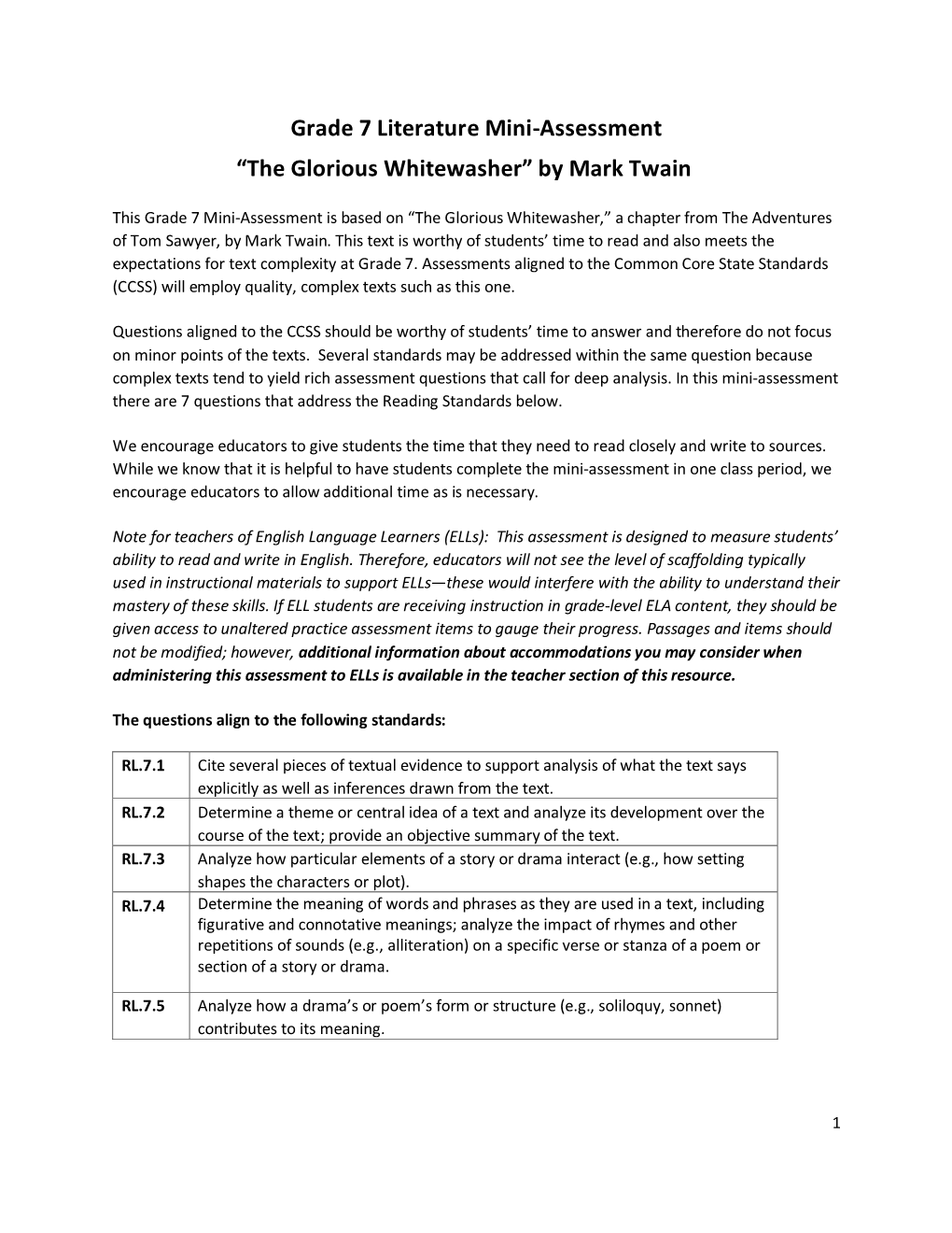 Grade 7 Literature Mini-Assessment “The Glorious Whitewasher” by Mark Twain