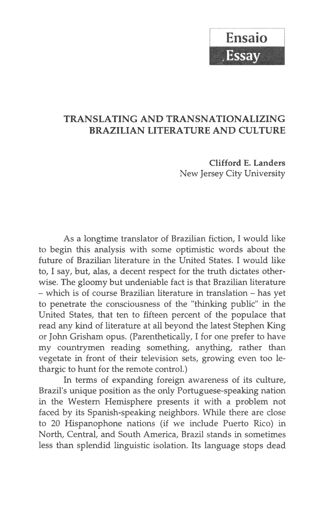 Translating and Transnationalizing Brazilian Literature and Culture